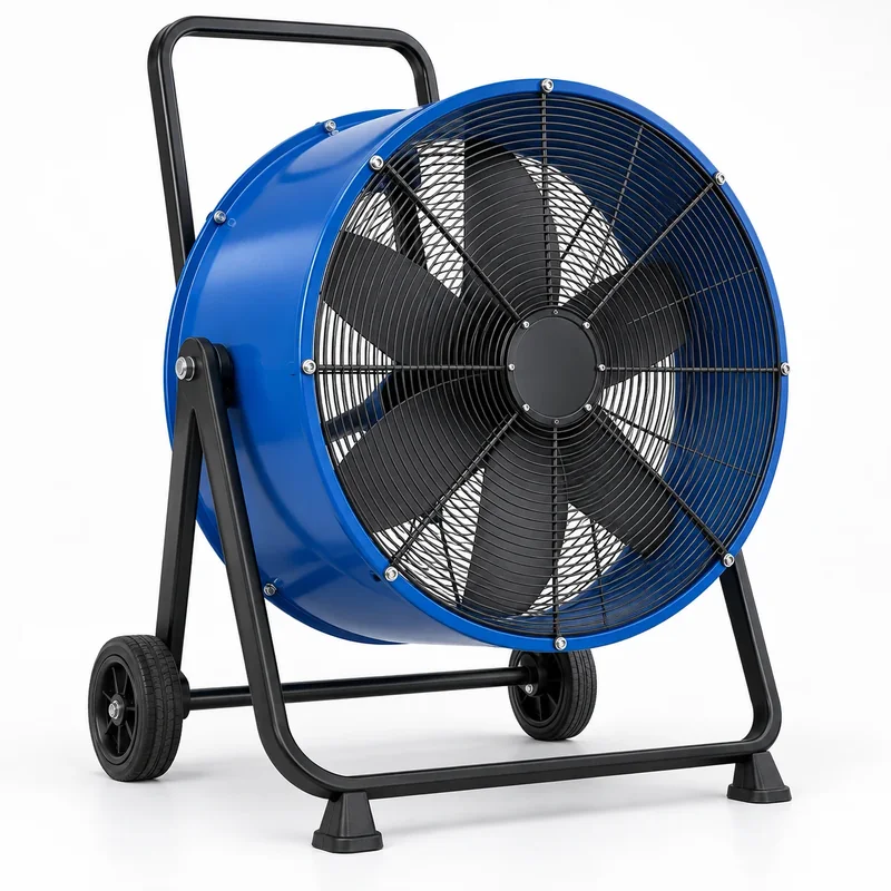 Imagen conceptual de un ventilador cañón azul sobre un carro con ruedas; no representa un modelo confirmado de GIZA.